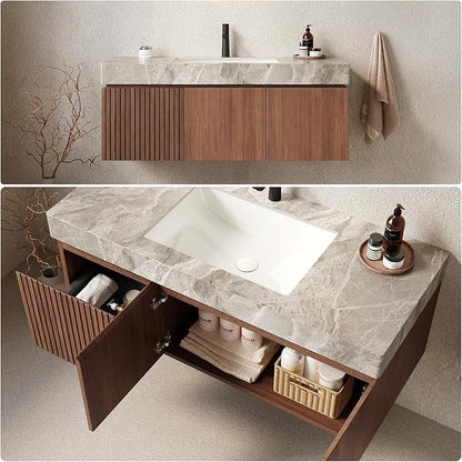 48" Bathroom Vanity with Sink, Wall-Mounted Plywood Bathroom Storage Cabinet with Ceramic Basin & Sintered Stone Countertop, Modern Pre-Assembled Floating Vanity with Drawer & Door, Brown Oak