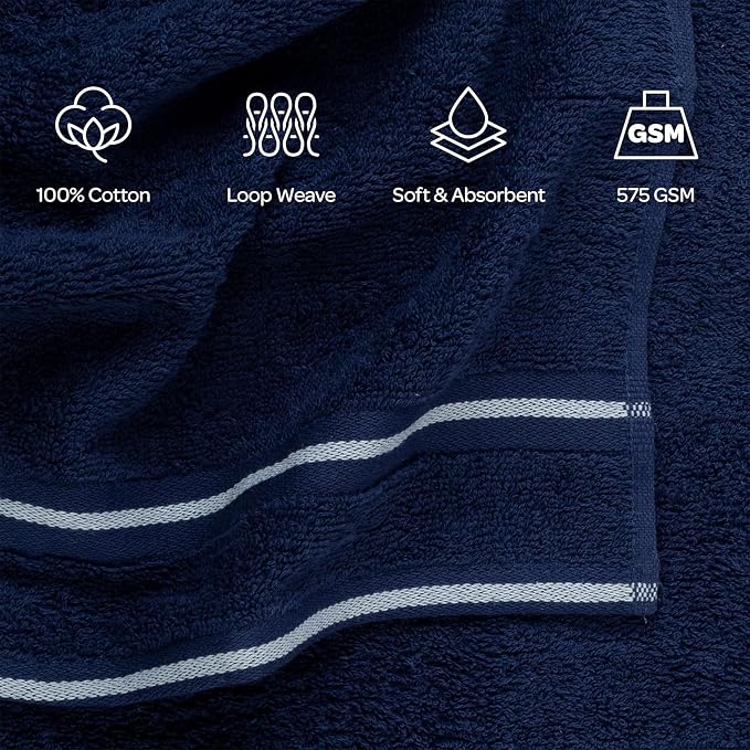 Lavish Home 8PC Bathroom Towels Set - 575GSM 100% Cotton Bathroom Essentials with 2 Bath Towels, 2 Hand Cloths, 2 Wash Cloths, and 2 Fingertip Fabric for Shower, Gym, Dorm and Spa (Navy)