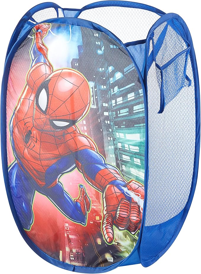 Marvel Spider-Man Pop-Up Hamper for Kids, Collapsible Laundry Basket with Durable Carry Handles, Lightweight Portable Clothes Hamper & Storage Bin for Bedroom, Playroom & Bathroom, Blue