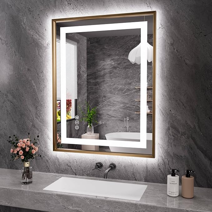 28"X36" LED Bathroom Mirror with Front Lit and Backlit(Brushed Gold) | Metal Framed Mirror, Stepless Dimmable, Anti-Fog, HD Reflection, Shatter-Proof, Memory, 3 Colors, Double LED Vanity Mirror.