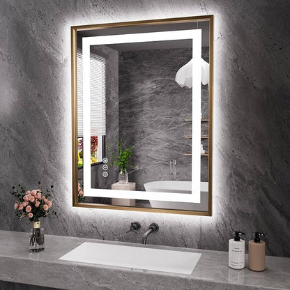 28"X36" LED Bathroom Mirror with Front Lit and Backlit(Brushed Gold) | Metal Framed Mirror, Stepless Dimmable, Anti-Fog, HD Reflection, Shatter-Proof, Memory, 3 Colors, Double LED Vanity Mirror.