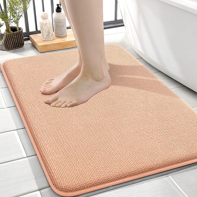 OLANLY Memory Foam Small Bathroom Rugs 24x16, Absorbent Bath Mat, Peach | Soft Quick Dry Bath Rugs, Non-Slip Carpet, Machine Washable Mat for Bathroom Floor, Tub and Shower, Home Decor Accessories