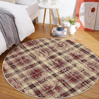 Tartan Plaid Round Area Rugs 4ft, Washable Non-Slip Soft Small Round Rug 4x4 Ultra-Thin Circle Low Pile Stain Resistant Carpet for Bedroom Entryway Kitchen Laundry Bathroom, Red