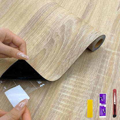 Countewol Stick Vinyl Flooring Roll, Light Oak Wood Grain Self Adhesive PVC Floor Sheet, Waterproof, Scratch Resistant & Removable Vinyl Floor Covering for Kitchen, Bedroom, RV, Apartment DIY