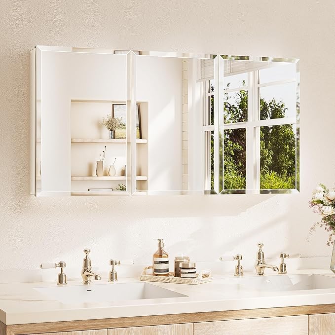 TETOTE 48 x 24 Medicine Cabinet with Tempered Beveled MirrorWhiteBathroom Vanity Mirror Cabinet Aluminum Cabinet DTC Hinges, Stepless Adjustable Shelves, Recessed/Surface-Mounted