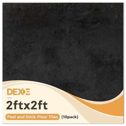 DEXDE Peel and Stick Floor Tile Black Waterproof Vinyl, 2FTx2FT 10 PC | Waterproof Self-adhesive Vinyl Tiles, 40 Sq.Ft (10 Large 24"x24" PC), Vinyl Flooring for Bathroom Kitchen DIY Upgrades