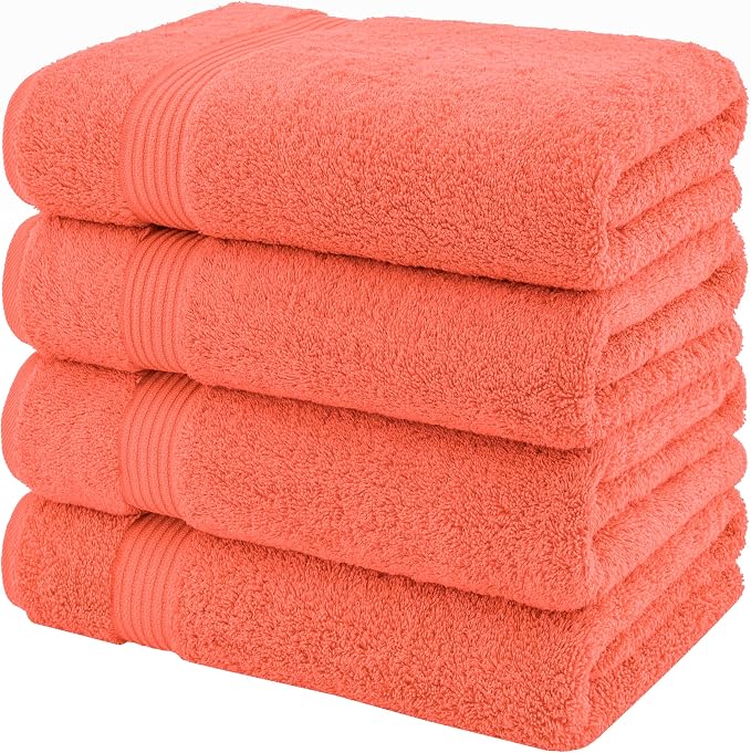 American Veteran Towel, 100% Cotton Turkish Bath Towels for Bathroom 4 Pack, 27x54 Extra Large Premium Soft Drying Bathroom Towels, Coral