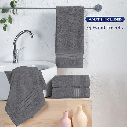 Elegant Comfort Premium Turkish Cotton 4 Pack Hand Towel Set - 16 x 28 inch, Luxurious Hotel Spa Quality 100% Turkish Cotton 4PC Hand Towel Set - Highly Absorbent - Soft Bathroom Towels, Gray