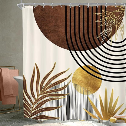 Mid Century Brown Boho Abstract Modern Retro Bathroom Shower Curtain Set | 72Wx78H Tan Gold design, waterproof HD print with fast-drying fabric and 12 hooks.