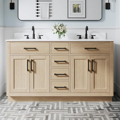 60-Inch Bathroom Vanity with Double Sinks W/ 4 Doors & 4 Drawers & 2 Flip Drawers, Oak Vanity W/Matte Black Handles