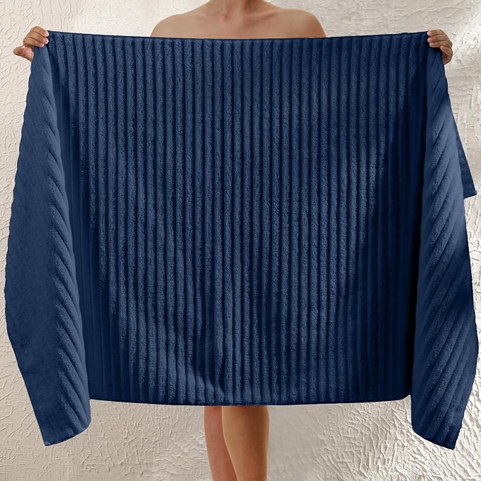 Elegant Comfort 100% Turkish Cotton Corduroy Ribbed Luxury Jumbo Bath Towel Ultra Soft - 35 x 70 Inch - Luxury Spa Premium Hotel Quality Highly Absorbent and Quick Dry Large Bath Towel, Navy