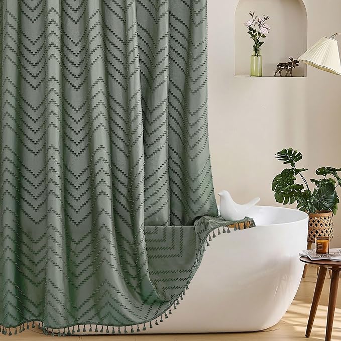 Siiluminisoy Extra Long Sage Green Boho Shower Curtain with Tassel, Woven Fabric 96 in Shower Curtain, Tufted Chevron Striped, 72 x 96, Modern Chic Textured Minimalist Bathroom Shower