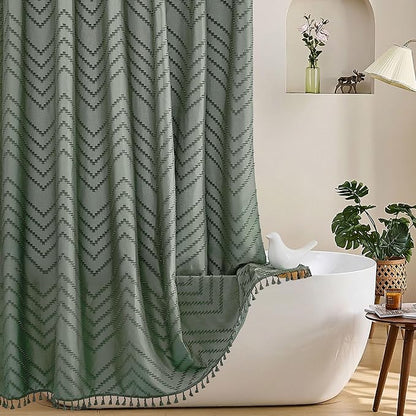 Siiluminisoy Extra Long Sage Green Shower Curtain with Tassel, Woven Fabric 90 in, Tufted Chevron Striped, 72 x 90, Modern Chic Textured Minimalist Bathroom