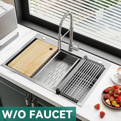 YITAHOME Drop In Kitchen Sink Workstation 33in | 304 Stainless Steel Single Bowl Top Mount Sink w/Ledge & Accessories, Honeycomb Surface Design, 33 x 22 x 10 in, Silver