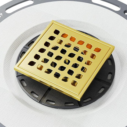 Neodrain 4" Gold Square Shower Drain, with Removable Grate/Drain Key | 304 Stainless Steel Floor Drain , PVC Bonding Flange Base with Anti-Wicking Fabric, For Low Profile Shower Pan
