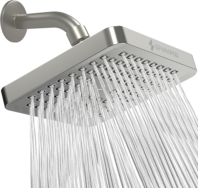 SparkPod Rain Shower Head, 6 Inch Square, Elegant Brushed Nickel Finish | High Pressure Shower Heads, 90 Nozzles, Adjustable Showerhead, No Tools Needed, Universal Connection