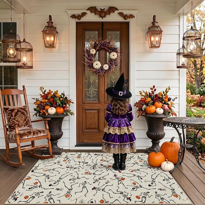 Tribesigns Washable 3x5 Halloween Area Rugs for Entryway Door, Ultra Thin Non-Slip Kitchen Rug, Funny Skeleton Indoor Carpet for Office Bathroom Living Room Kids Bedroom Decor, Beige/3x5