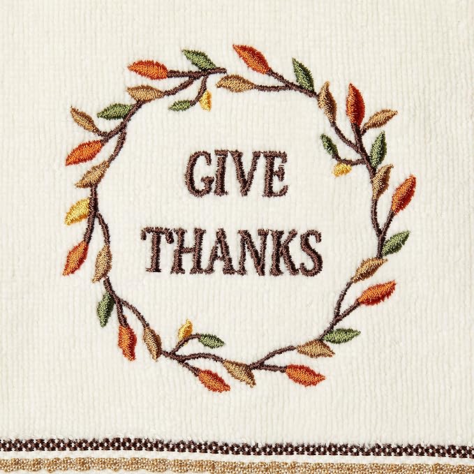 SKL Home Fall/Thanksgiving Give Thanks/Home Hand Towel Set-2pc, Natural | 100% Cotton. Soft, decorative velour with embroidery. For use in the bathroom, kitchen or bar & gifting.