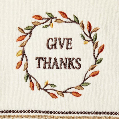 SKL Home Fall/Thanksgiving Give Thanks/Home Hand Towel Set-2pc, Natural | 100% Cotton. Soft, decorative velour with embroidery. For use in the bathroom, kitchen or bar & gifting.