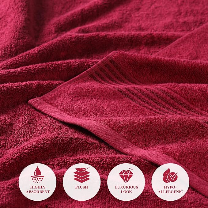 SUPERIOR Egyptian Cotton 3-Piece Towel Set, Basic Towels for Bathroom, Home Decor, Guest Bath, Shower, Apartment, Included 1 Face, 1 Hand, 1 Bath Towel, Washcloth, Quick Dry, Burgundy