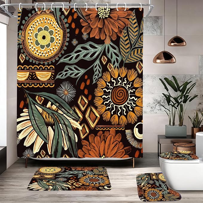 16 Pcs Shower Curtain Set with Rugs Boho and Metal Hooks Bath Mat 120gsm Heavy Weight Fabric Shower Curtains Bathroom Sets Decor Non-Slip Bathroom Rug and Bath Curtain Set 72 x 72 Inch,H-Boho
