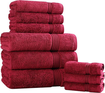 Superior Egyptian Cotton 9-Piece Towel Set, Assorted Towels for Home Bathroom, Guest Bath Decor Essentials, Includes 3 Bath, 3 Hand, 3 Face Towels/Washcloths, Quick Dry, Absorbent - Burgundy