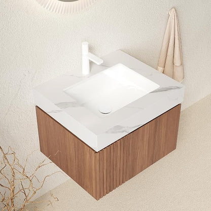 KEIKI 24 Inch Floating Bathroom Vanity with Sink, Brown Oak & White | Modern Wall Mounted Storage Cabinet with 2 Doors, Pre-assembled Wood Panels, Sintered Stone Top & Ceramic Basin Combo Set