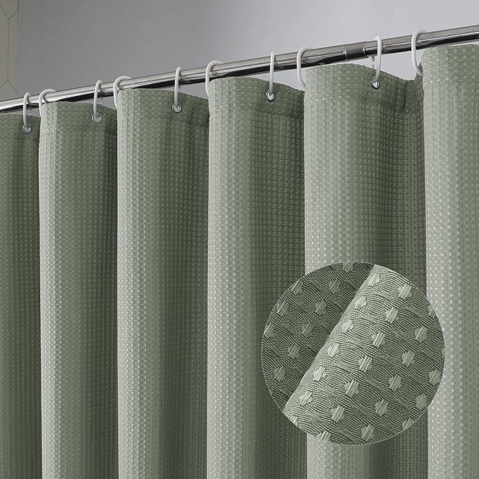 OVZME Long Fabric Shower Curtain Set, Waffle Textured Shower Curtain for Bathroom - Weight 230GSM Heavy Duty Hotel Spa Luxury Bath Curtain Set with 12 Plastic Hooks, 72x78, Sage Green