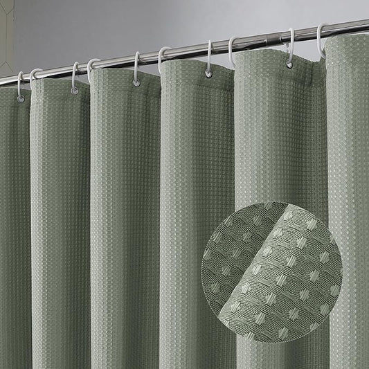 OVZME Extra Long Shower Curtain Set - 84 Inch Long Waffle Weave Heavy Duty Cloth Shower Curtain for Bathroom, Luxury Weighted 230GSM Bath Curtain Set with 12 Plastic Hooks, 72x84, Sage Green