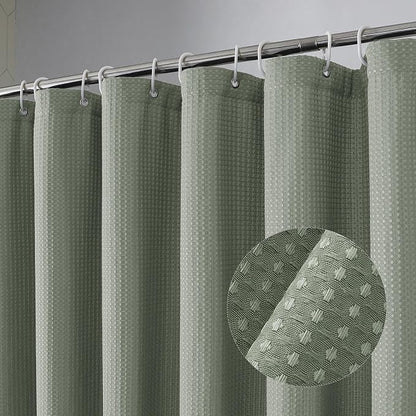 Long Fabric Shower Curtain Set, Waffle Textured Shower Curtain for Bathroom - Weight 230GSM Heavy Duty Hotel Spa Luxury Bath Curtain Set with 12 Plastic Hooks, 72x78, Sage Green