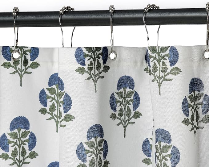 MUGINYU Blue Floral Shower Curtain Sets - 72x72 Inches,Cotton Blend Cloth Fabric,Girly Cute Coquette Style with Green Block Print for French Country Bathroom Decor