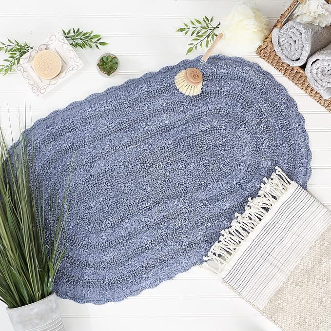 DII Crochet Collection Reversible Bath Mat, Large Oval, 21x34, Stonewash Blue