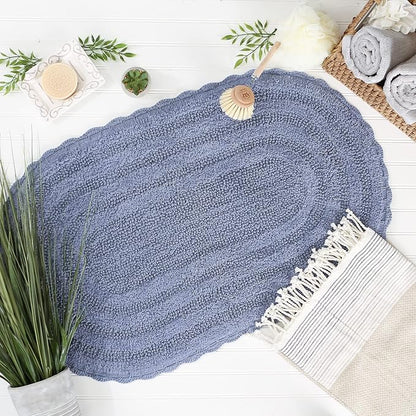 DII Crochet Collection Reversible Bath Mat, Large Oval, 21x34, Stonewash Blue
