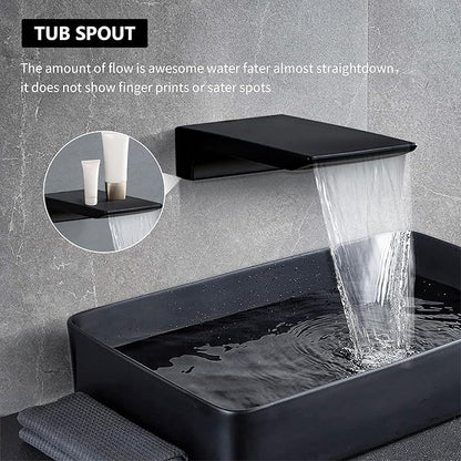 Shower Faucet Set Complete Matte Black Shower System with 8 inch Square Rainfall Shower Head 3-Function Handheld Shower Waterfall Bathtub Spout Rain Shower Combo Set Bathroom Wall Mounted