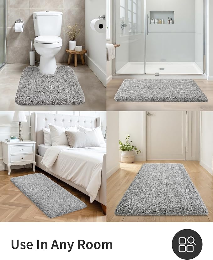 ILANGO Grey Bathroom Rugs 36" × 24" Non Slip & Super Absorbent Extra Thick Soft, Washable Bath Mat for Floor, Microfiber Plush Shaggy Bath Rug with Rubber for Bathtub Shower Room Sink