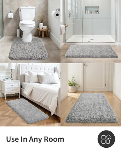ILANGO Grey Bathroom Rugs 36" × 24" Non Slip & Super Absorbent Extra Thick Soft, Washable Bath Mat for Floor, Microfiber Plush Shaggy Bath Rug with Rubber for Bathtub Shower Room Sink