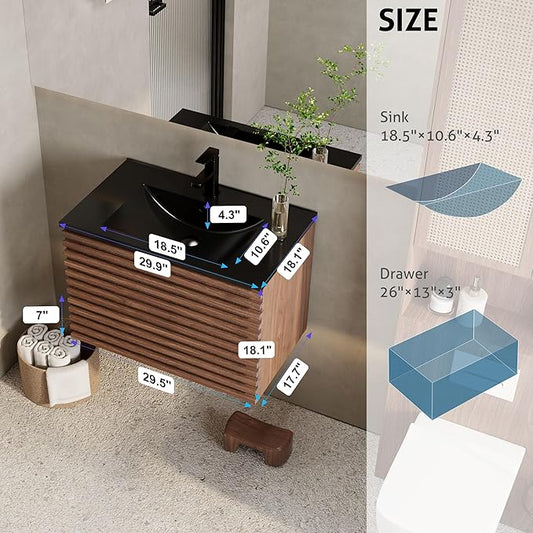 eclife 30" Floating Bathroom Vanity with Sink Combo, Mid-Century Wall Mounted Cabinet with Wood Stripes Decor, Drawers, Undermount Single Black Sink, Faucet, Drain, Cocoa Brown