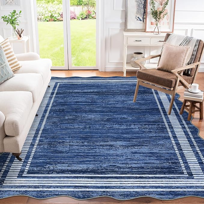 Garvee Scallop Area Rug 5x7 Washable Rugs for Bedroom Neutral Rug Navy Blue | Rugs for Living Room, Non-Slip Soft Carpet for Bedroom, Scalloped Low-Pile Solid Rug Accent Rug for Dining Room Home Office
