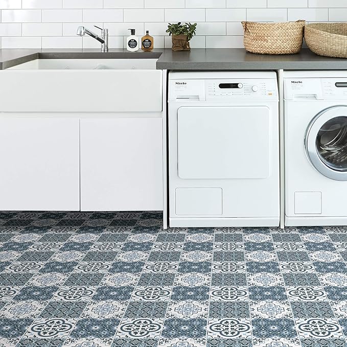 FloorPops FP2951 Myriad Peel & Stick Floor Tiles, Blue