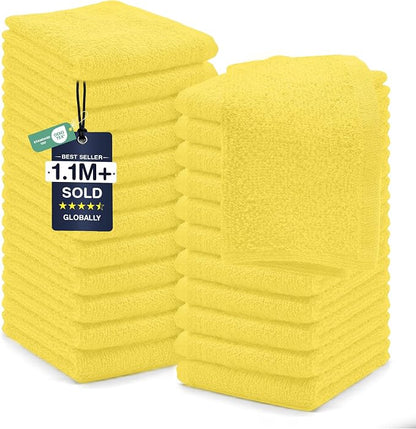 DAN RIVER 24 Pack Cotton Wash Cloths Set for Showering [12x12] Yellow | Lighter Weight, Quick to Dry, Super Soft & Absorbent Face Towels, Hotel Quality, Perfect for Bathroom, Gym, Spa