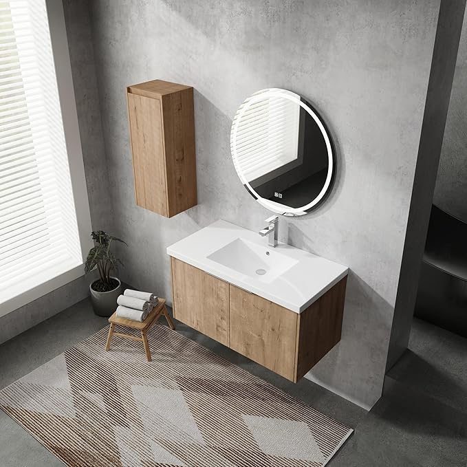 Henf 36" Floating Bathroom Vanity with Sink for Compact Space, Brown Wall Mount Bathroom Vanity Cabinet with Sink Combo, 36 Inch Bathroom Vanities Set with Side Cabinet Floating Cabinet