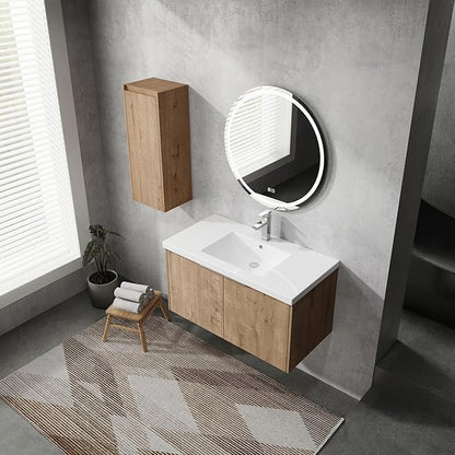 Henf 36" Floating Bathroom Vanity with Sink for Compact Space, Brown Wall Mount Bathroom Vanity Cabinet with Sink Combo, 36 Inch Bathroom Vanities Set with Side Cabinet Floating Cabinet
