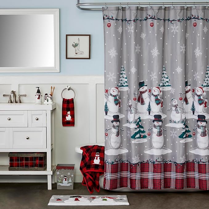 SKL Home Christmas/Winter Plaid Snowman Shower Curtain/12pc Hook Set, Multi | Coordinates with the SKL Home Rustic Plaid & Woodland Winter collections