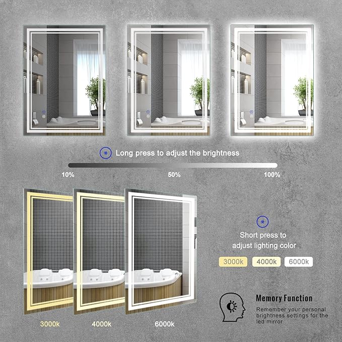 SaniteModar Bathroom Mirror with Lights 48x36 in, Led Mirror for Bathroom, Led Bathroom Mirror, 3 Color Dimmable, Anti Fog, Touch Button, CRI90+, Horizontal/Vertical