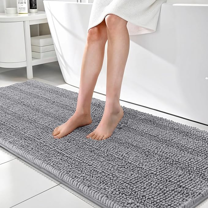 OLANLY Thick Bathroom Runner Rugs 70x24, Soft Chenille Long Bath Rugs, Grey | Absorbent Striped, Rubber Backing, Machine Wash, Bath Mats for Bathroom Floor, Tub and Shower, Home Decor Accessories