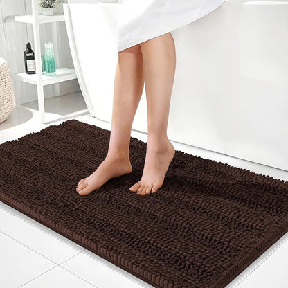 OLANLY Thick Bathroom Runner Rugs 44x24, Soft Chenille Bath Rugs, Brown | Absorbent Striped, Rubber Backing, Machine Wash, Long Bath Mats for Bathroom Floor, Tub and Shower, Home Decor Accessories