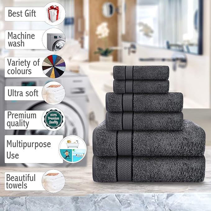 6 Piece 100% Cotton Bath Towel Set - 2 Bath - 2 Hand - 2 Face, Dark Grey | 100% Cotton • Thick & Plush • Hotel Quality • Ultra Soft • Highly Absorbent • Quick Dry • Low Lint • Machine Washable