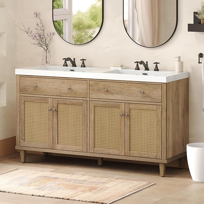 60 Inch Bathroom Vanity with Double Sink,Wood Color Doule Sink Vanity with 2 Tip-Out Trays & 4 Soft Closing Doors,Large Storage Space,Silver Knobs,Solid Wood Legs,Woven Rattan Doors Front