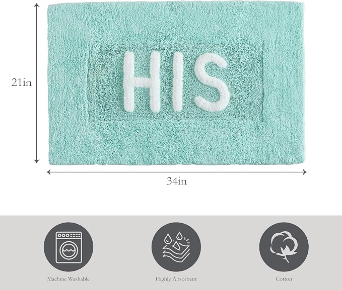 Cotton Bath Rug - Soft Cotton Bath Mat - Bathroom Decor - Water Absorbent and Machine Washable - Measures 21"x34" - His- Aqua Blue