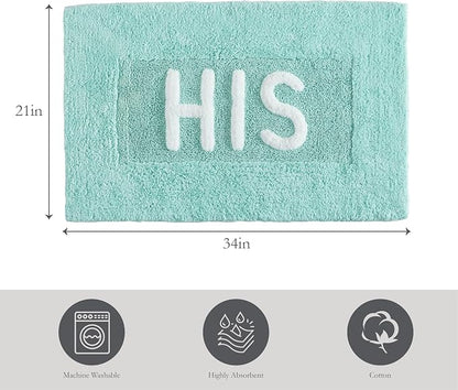 Cotton Bath Rug - Soft Cotton Bath Mat - Bathroom Decor - Water Absorbent and Machine Washable - Measures 21"x34" - His- Aqua Blue